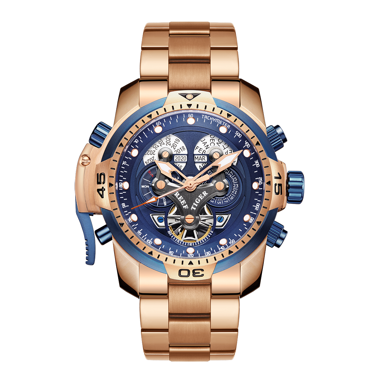 Reef Tiger Men's Aurora Concept Skeleton Automatic Mechanical Watch Rose Gold/Blue image 0