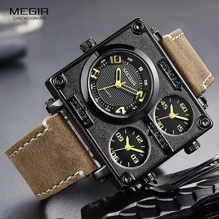 MEGIR Men's Pilot Big Tick Triple Time Zone 48mm Ionic Black / Brown Leather Watch