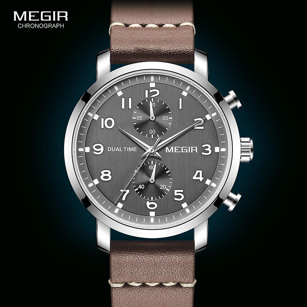 MEGIR Men's Dual Time Chronograph Date 42mm Silver / Leather Watch