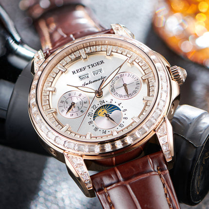 Reef Tiger Classic Philosopher Zirconia Bezel Multifunctional Mechanical Moon Phase Automatic Watch Luxury Rose Gold RGA1988 image 2