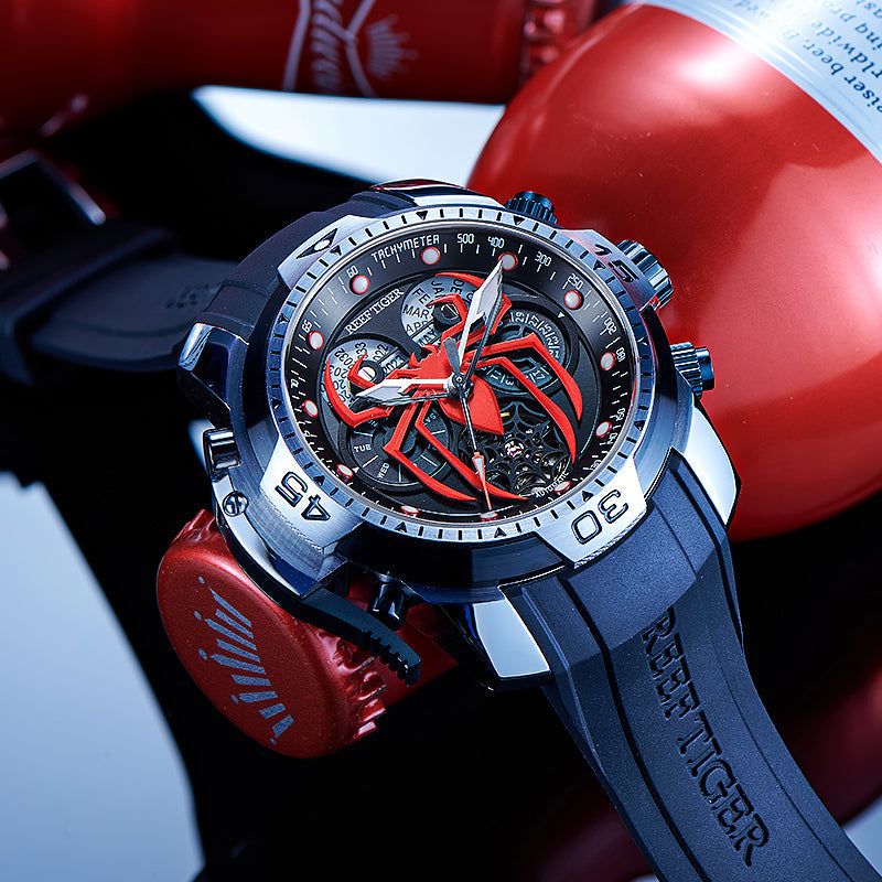 Reef Tiger Men's Aurora Spider Automatic Chronograph Watch Silver/Red image 2