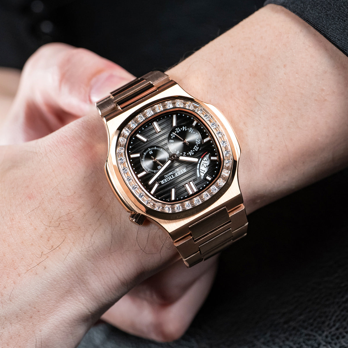 Reef Tiger Men's Peak 44mm Square Crystal Bezel Automatic Watch RGA2019 Rose Gold/Black image 11