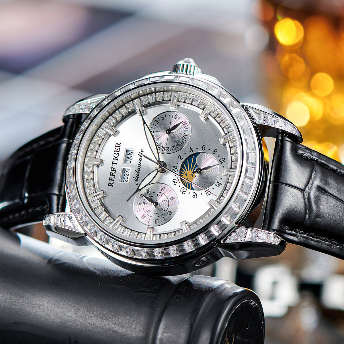 Reef Tiger Classic Philosopher Zirconia Bezel Multifunctional Mechanical Moon Phase Automatic Watch Silver RGA1988 image 4