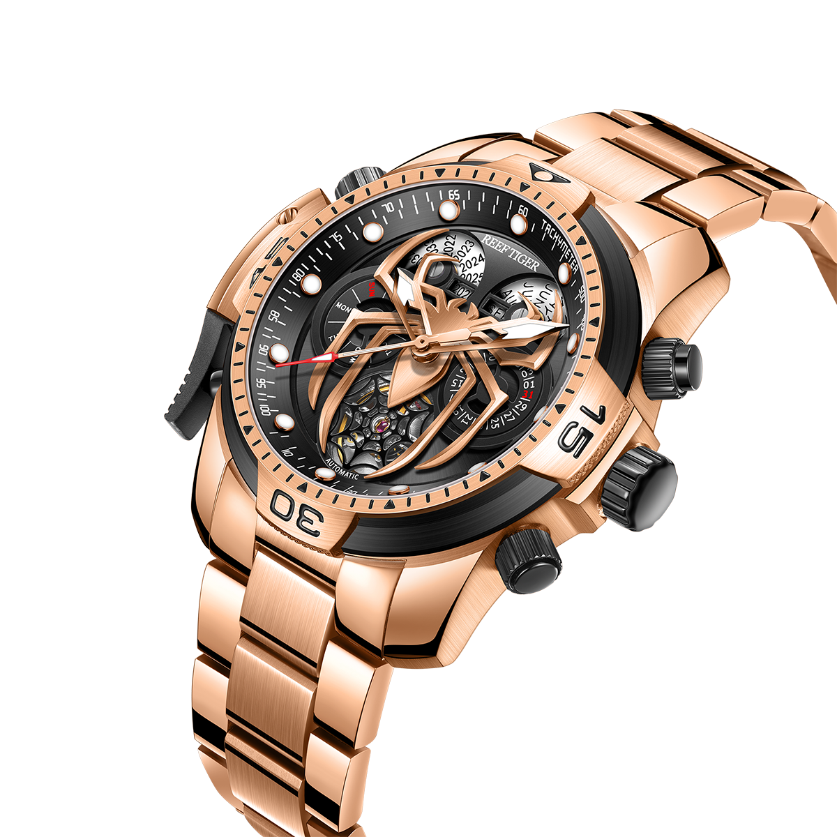Reef Tiger Men's Aurora Spider Automatic Chronograph Watch Rose Gold/Black image 3