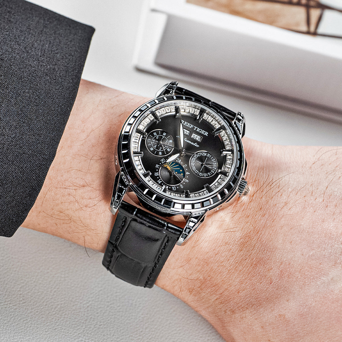 Reef Tiger Classic Philosopher Zirconia Bezel Multifunctional Mechanical Moon Phase Automatic Watch Black RGA1988 image 2