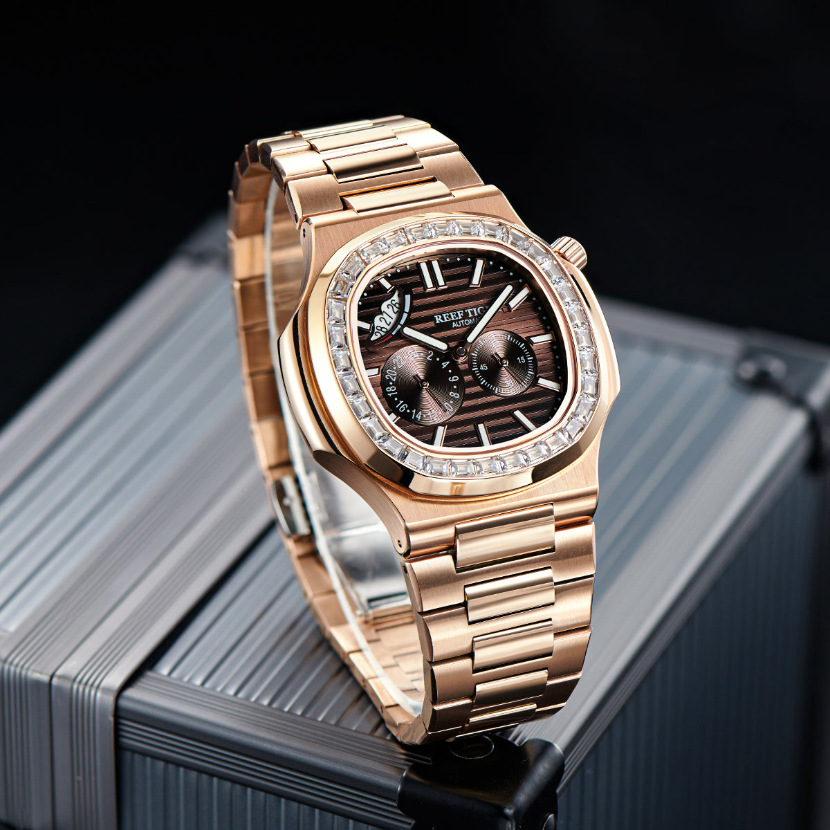Reef Tiger Men's Peak 44mm Square Crystal Bezel Automatic Watch RGA2019 Rose Gold/Brown image 0