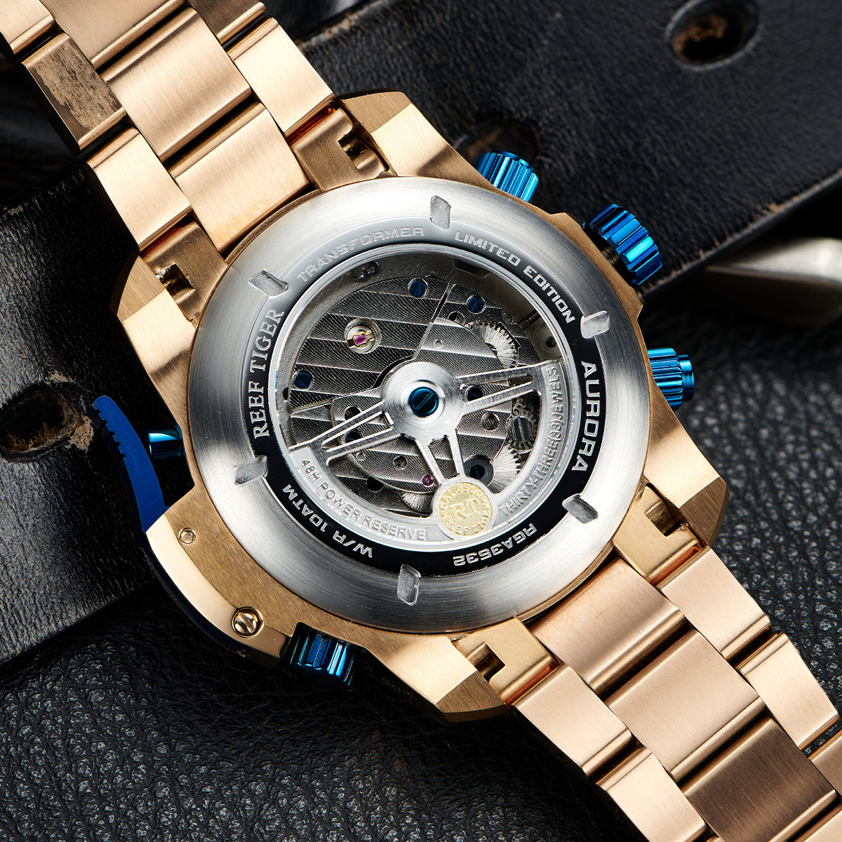 Reef Tiger Men's Aurora Spider Automatic Chronograph Watch Rose Gold/Blue image 8