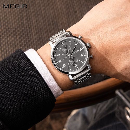 MEGIR Men's Dual Time Chronograph Date 42mm Silver / Grey Stainless Steel Bracelet Watch