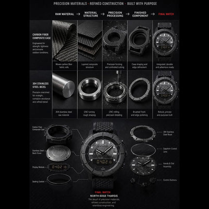 NORTH EDGE THARSIS Outdoor Tactical Digital Watch Carbon Fiber Case 304 Stainless Steel Bezel Barometer Mars-patterned 50M Waterproof Men's Watch