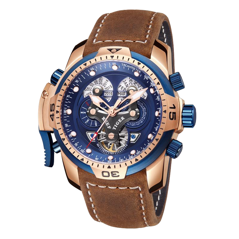 Reef Tiger Men's Aurora Concept Skeleton Automatic Mechanical Watch Rose Gold/Blue - Leather image