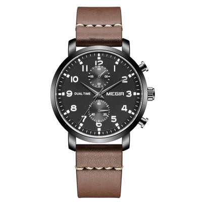 MEGIR Men's Dual Time Chronograph Date 42mm Ionic Black / Leather Watch