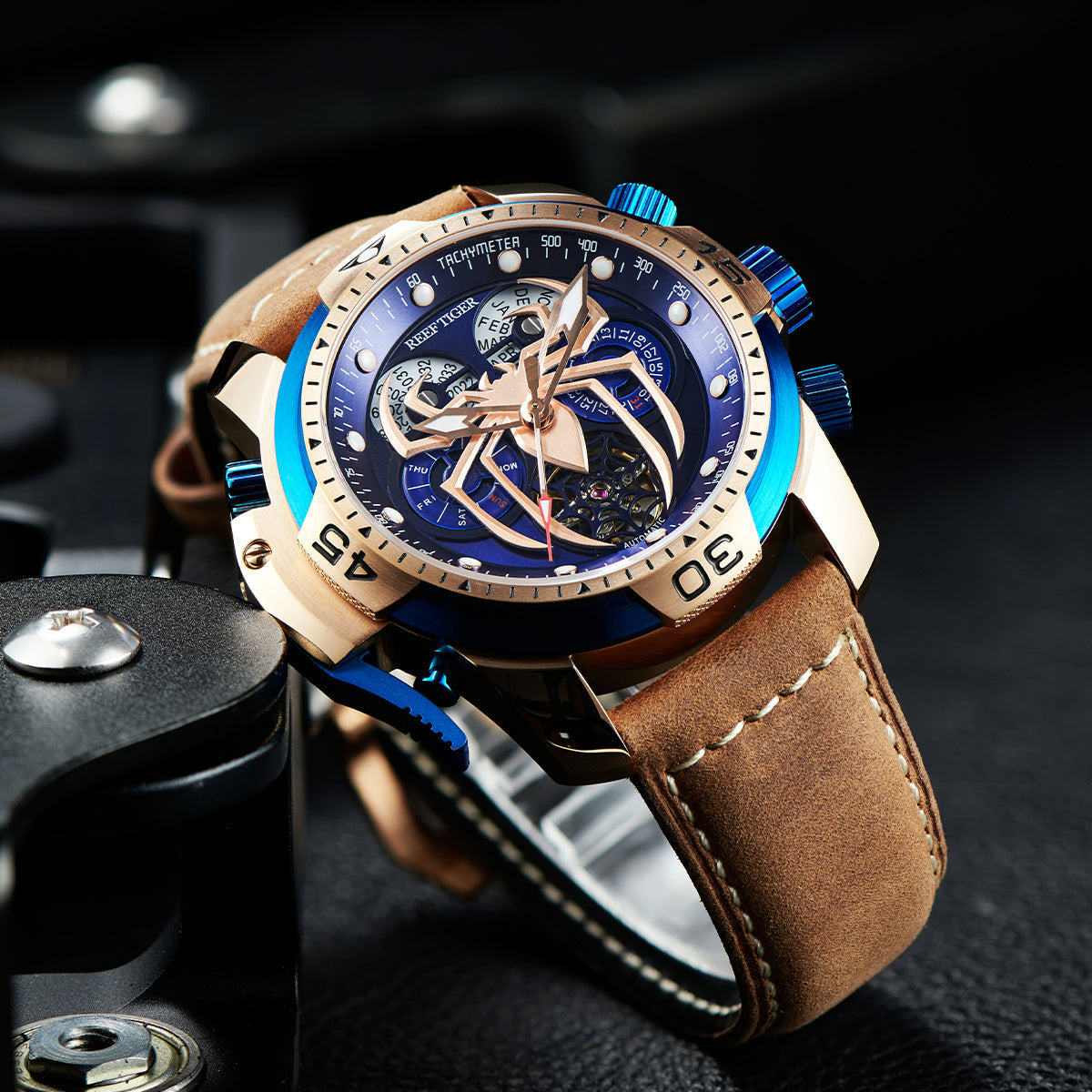 Reef Tiger Men's Aurora Spider Automatic Chronograph Watch Rose Gold/Blue image 5