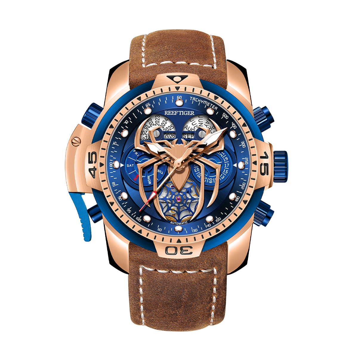 Reef Tiger Men's Aurora Spider Automatic Chronograph Watch Rose Gold/Blue image 12