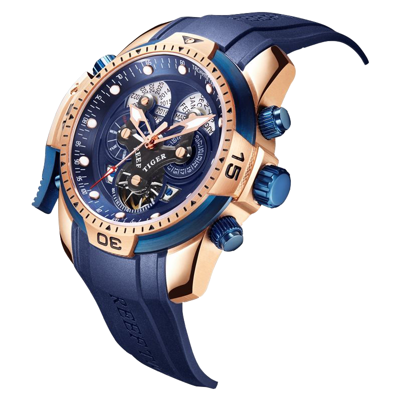 Reef Tiger Men's Aurora Concept Skeleton Automatic Mechanical Watch Rose Gold/Blue image 5