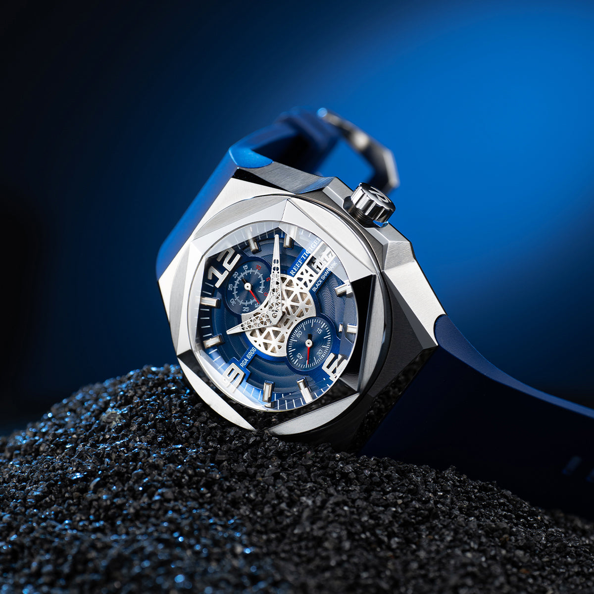 Reef Tiger Men's Black Shark Traveler Multifunctional Automatic Mechanical Dive Watch RGA6906 Blue image 3