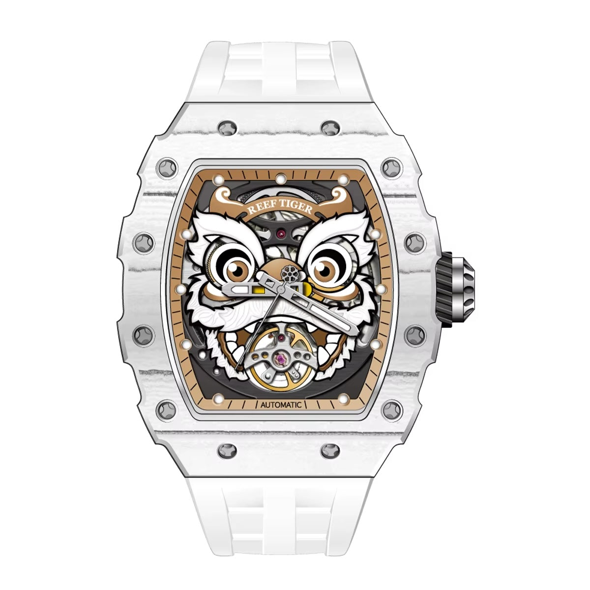 Reef Tiger Men's Chinese Lion Dance Automatic Skeleton Watch RGA3009 White image 0