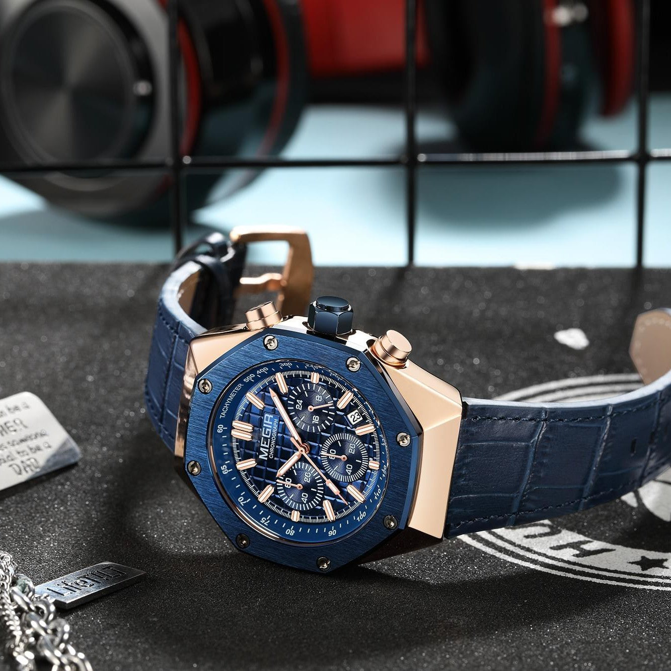 MEGIR Men's Royale Chronograph Rose Gold / Blue Leather Watch