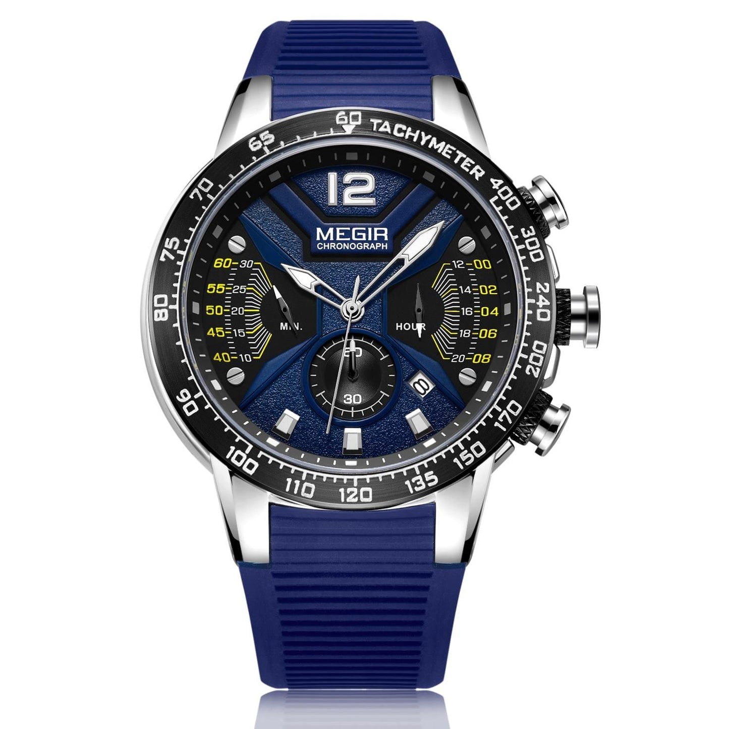 MEGIR Men's Racer I Chronograph Date 48mm Silver / Blue Silicone Strap Watch