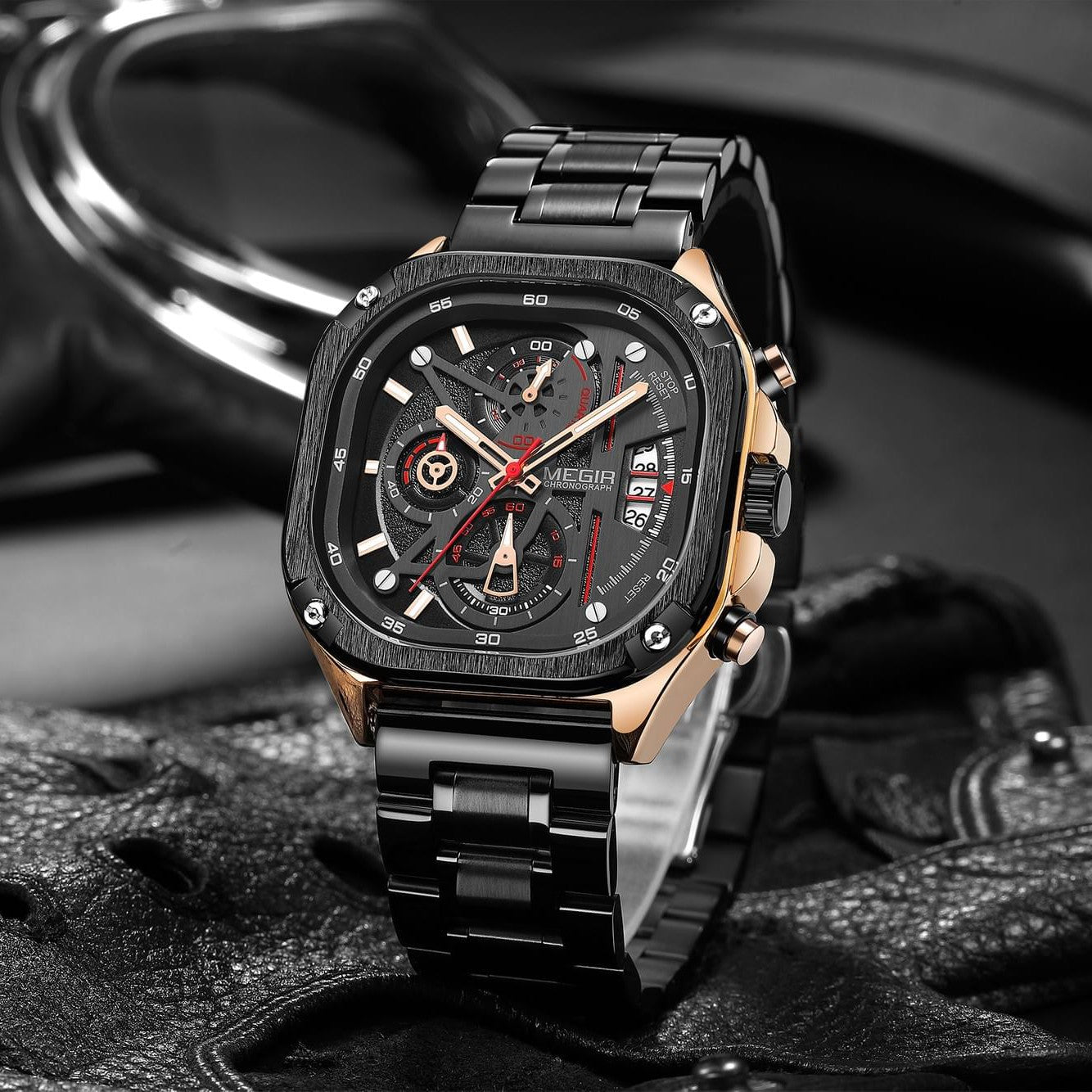 MEGIR Men's SQUARE-X Chronograph Rose Gold / Black Watch