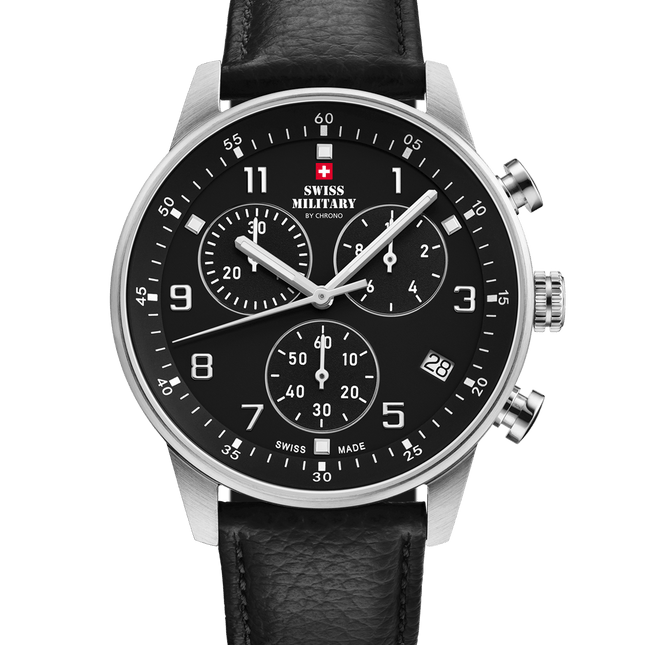 Swiss Military Minimalist Chronograph Watch – Leather, Black | SM34114.08 image 0
