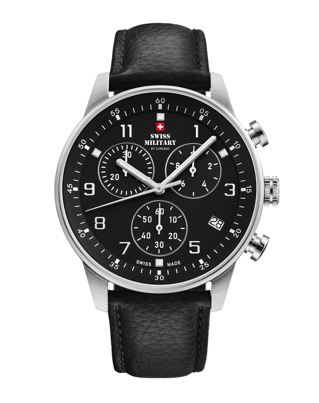 Swiss Military Minimalist Chronograph Watch – Leather, Black | SM34114.08 image 0