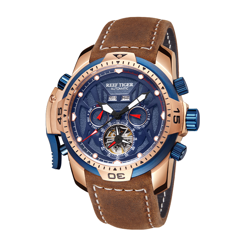 Reef Tiger Men's Aurora Transformers Skeleton Automatic Mechanical Watch - Leather image