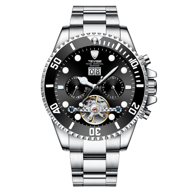 TEVISE Perpetual Flywheel Date Automatic Silver/Black Watch image 0