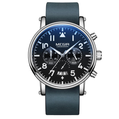 MEGIR Men's Big Pilot Chronograph Date 45mm Silver / Black Leather Watch