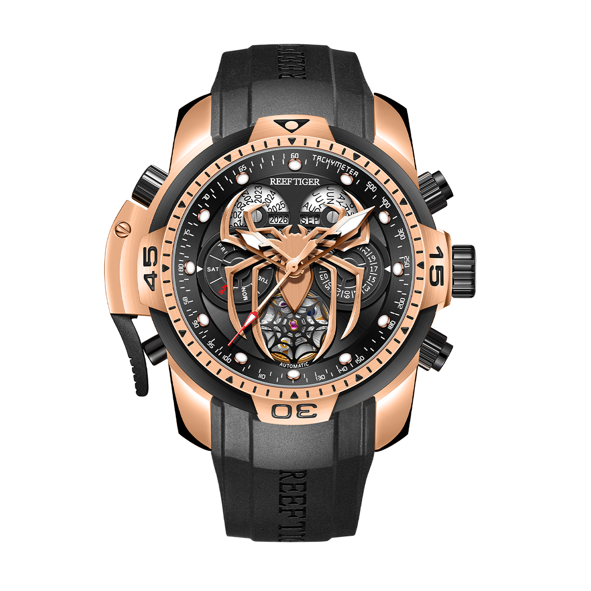 Reef Tiger Men's Aurora Spider Automatic Chronograph Watch Rose Gold/Black - Rubber image