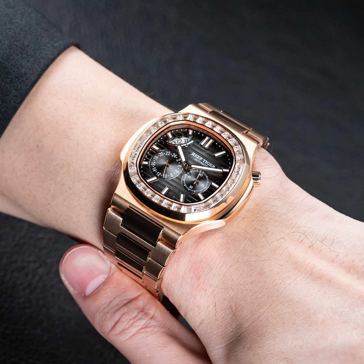 Reef Tiger Men's Peak 44mm Square Crystal Bezel Automatic Watch RGA2019 Rose Gold/Black image 2