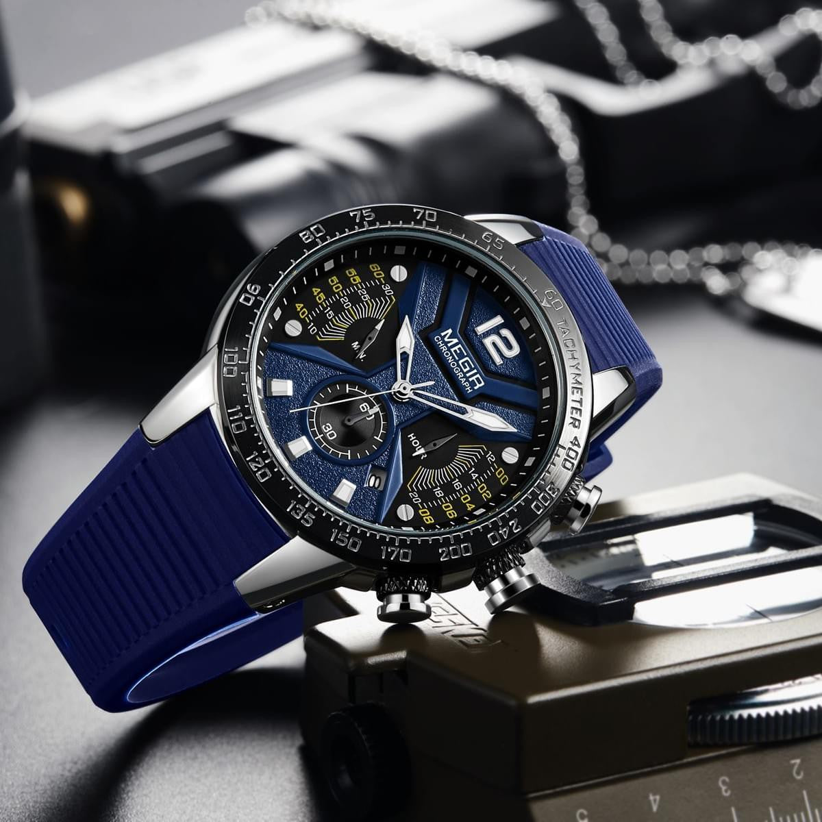 MEGIR Men's Racer I Chronograph Date 48mm Silver / Blue Silicone Strap Watch