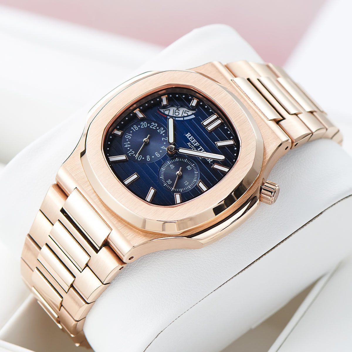 Reef Tiger Men's Peak 44mm Square Crystal Bezel Automatic Watch RGA2019 Rose Gold/Blue image 8