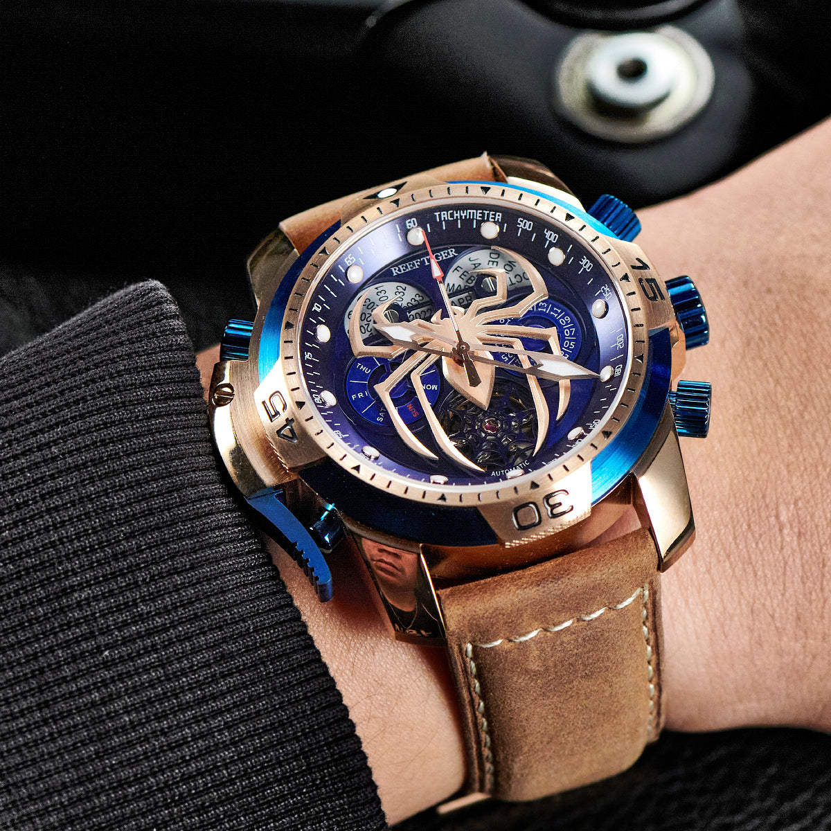 Reef Tiger Men's Aurora Spider Automatic Chronograph Watch Rose Gold/Blue image 6