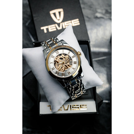 TEVISE Skeleton Classic Steel Two Tone Silver Watch image 6