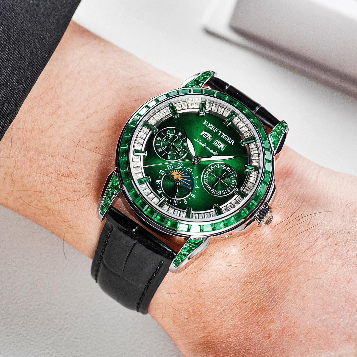 Reef Tiger Classic Philosopher Zirconia Bezel Multifunctional Mechanical Moon Phase Automatic Watch Green RGA1988 image 2