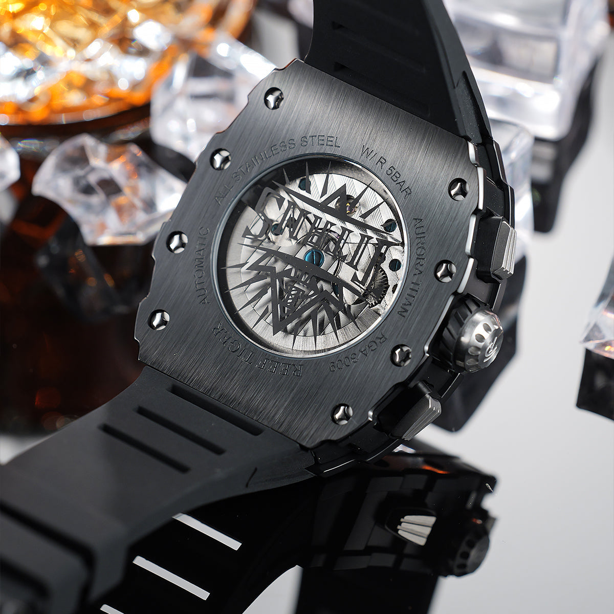 Reef Tiger Men's Aurora Titan Mechanical Multifunctional Day/Date Skeleton Automatic Watch RGA3009 Black image 5