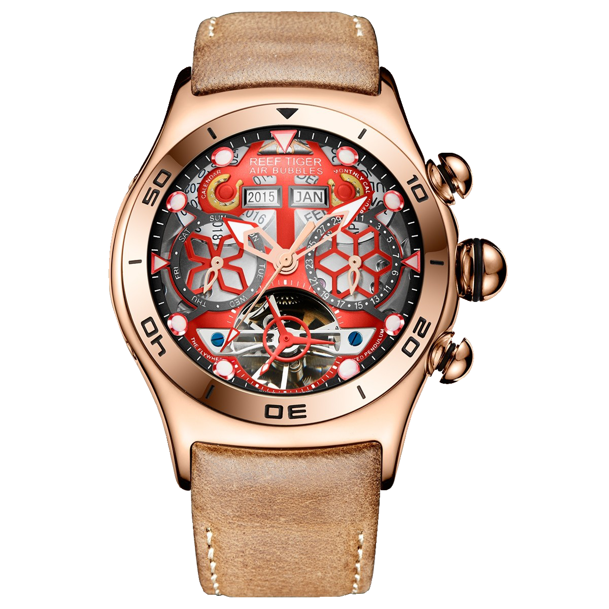 Reef Tiger Men's Aurora Air Bubbles Automatic Mechanical Skeleton Watch Rose Gold/Camel image 10