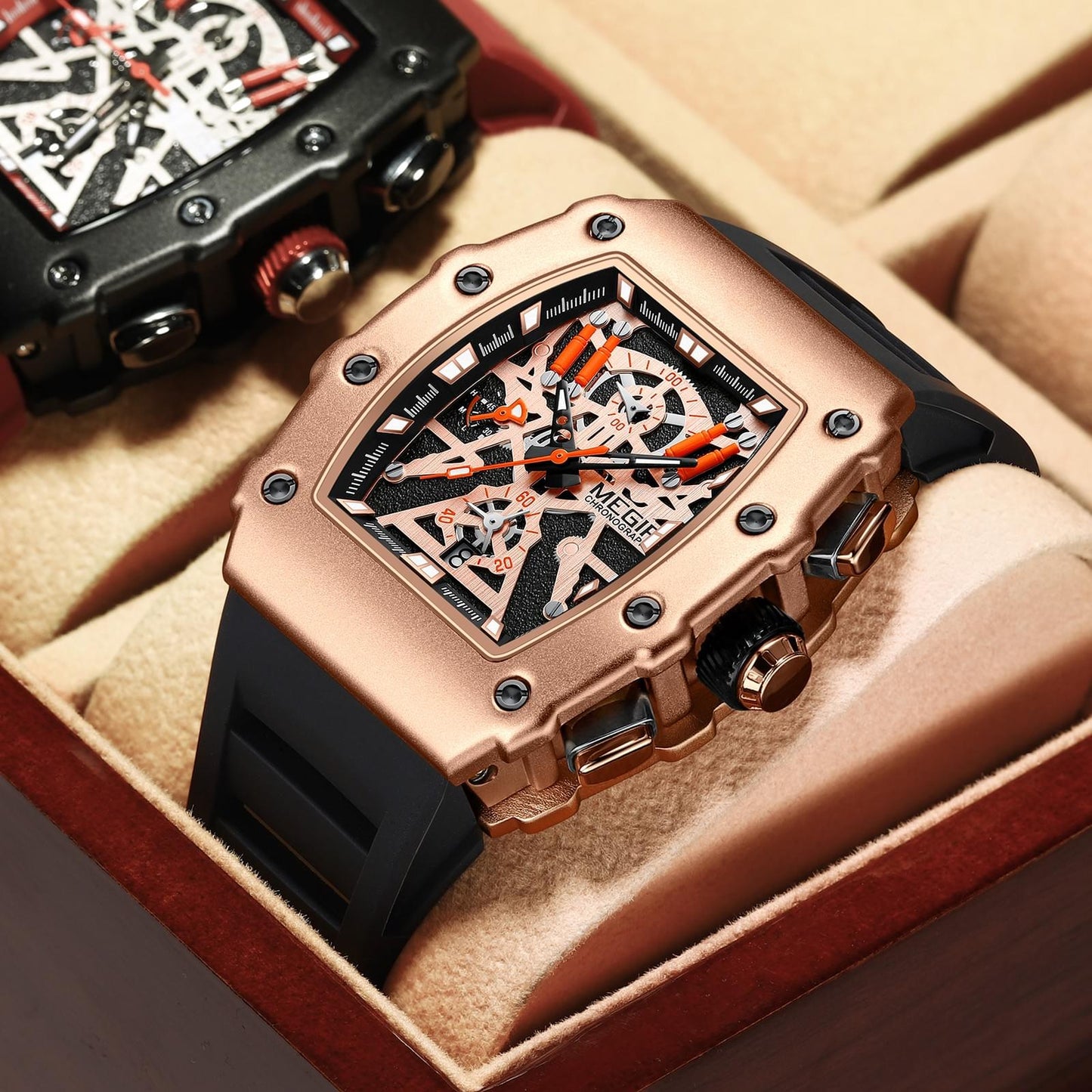 MEGIR Men's TONNEUX-X Chronograph Rose Gold / Black Watch