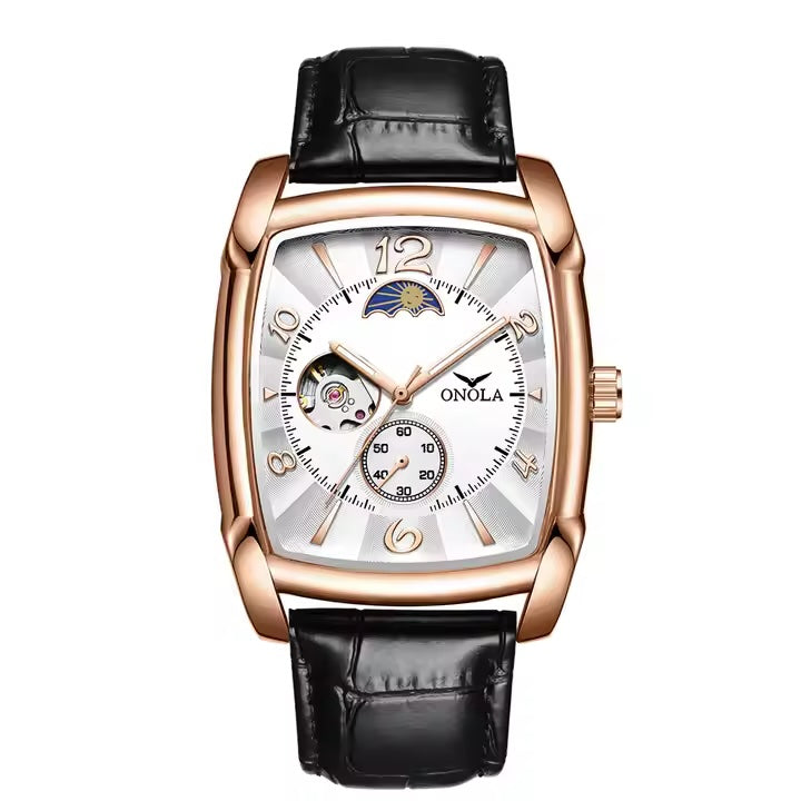 ONOLA Classic Automatic Moonphase Easy Read Tonneux Open Heart Leather Watch - Rose Gold image