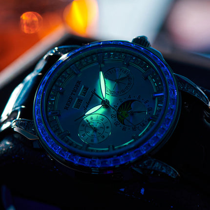 Reef Tiger Classic Philosopher Zirconia Bezel Multifunctional Mechanical Moon Phase Automatic Watch Black RGA1988 image 7