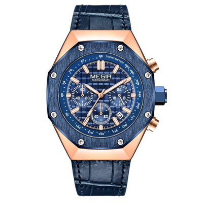 MEGIR Men's Royale Chronograph Rose Gold / Blue Leather Watch