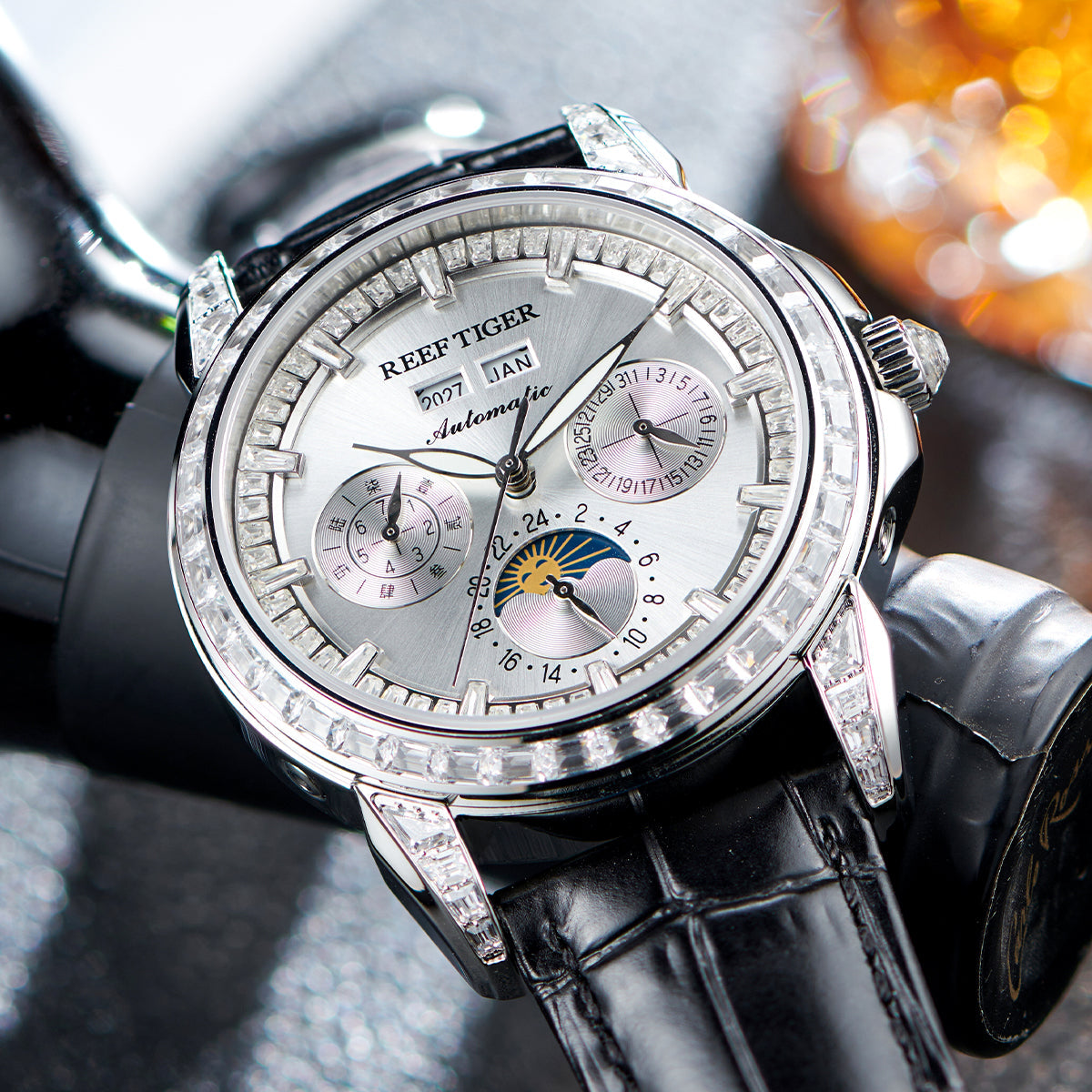 Reef Tiger Classic Philosopher Zirconia Bezel Multifunctional Mechanical Moon Phase Automatic Watch Silver RGA1988 image 2