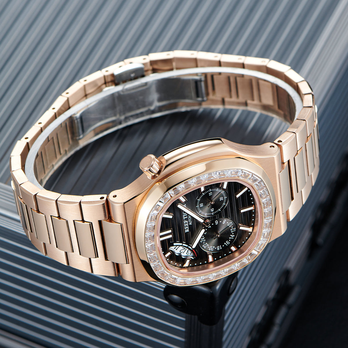 Reef Tiger Men's Peak 44mm Square Crystal Bezel Automatic Watch RGA2019 Rose Gold/Black image 5