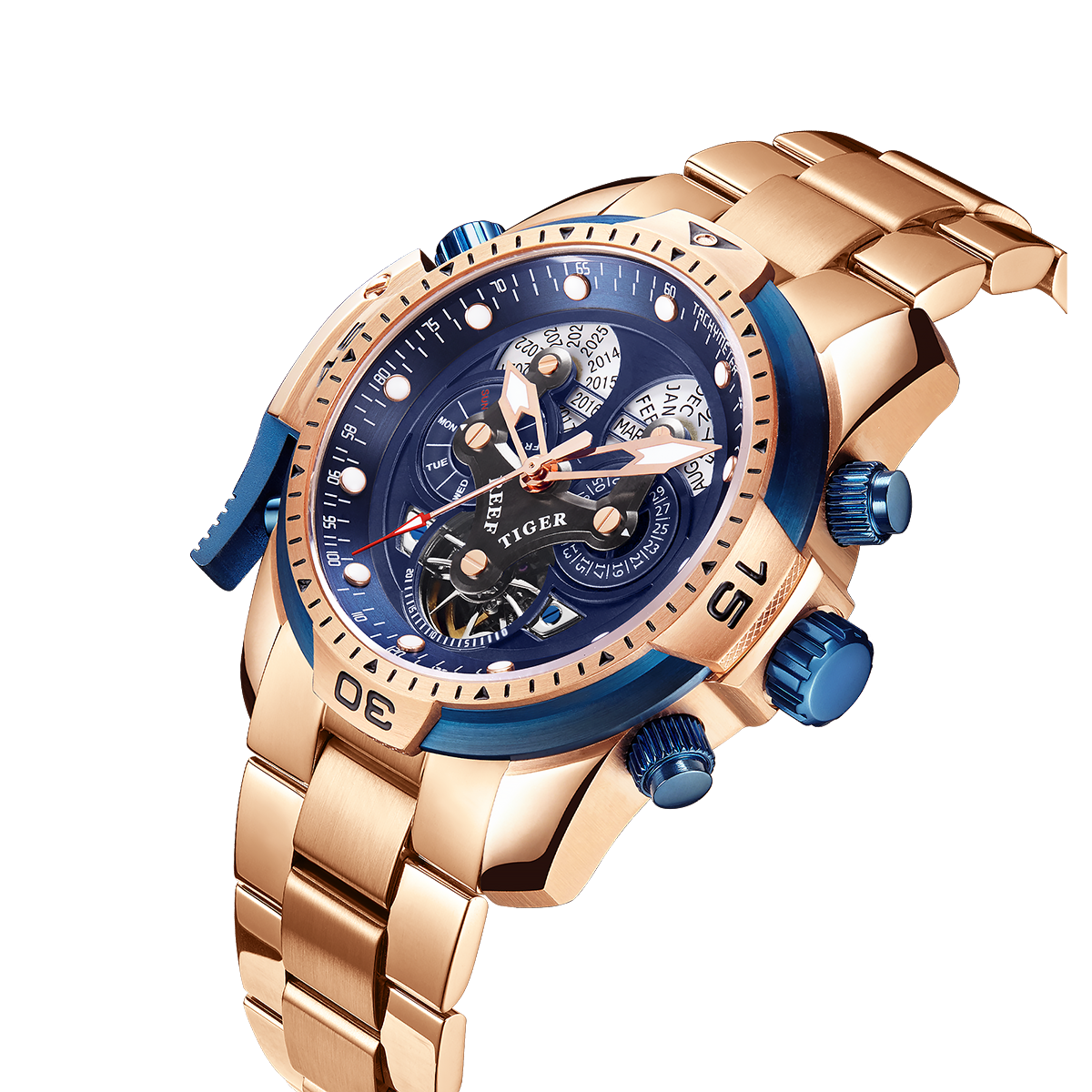 Reef Tiger Men's Aurora Concept Skeleton Automatic Mechanical Watch Rose Gold/Blue image 1