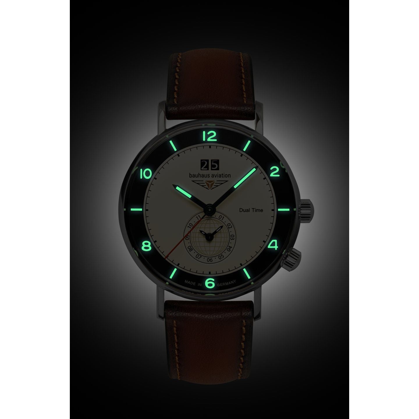 BAUHAUS AVIATION Men's Vintage Dual Time Leather Strap Watch 24462 image 1