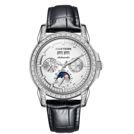 Reef Tiger Classic Philosopher Zirconia Bezel Multifunctional Mechanical Moon Phase Automatic Watch Silver RGA1988 image 0