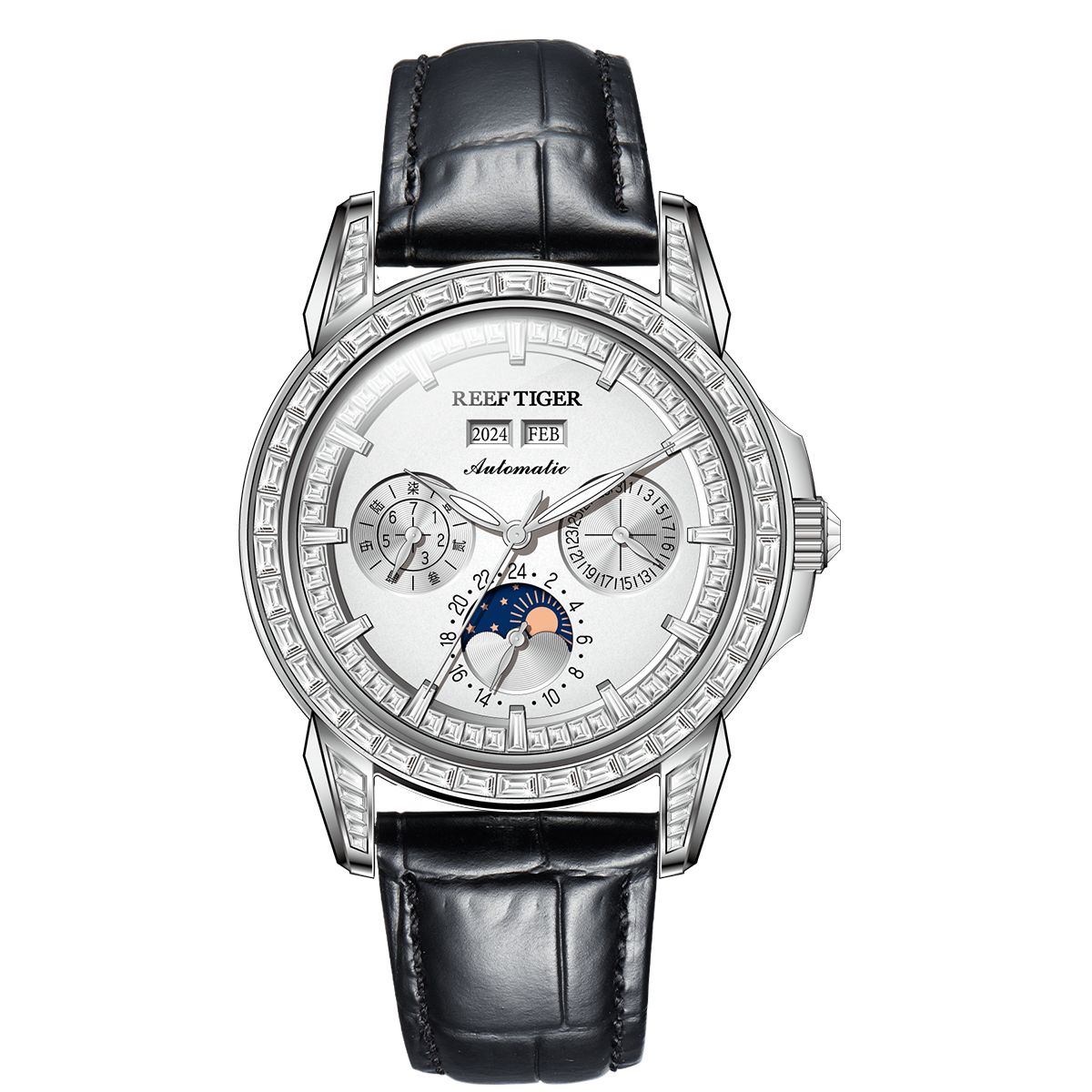 Reef Tiger Classic Philosopher Zirconia Bezel Multifunctional Mechanical Moon Phase Automatic Watch Silver RGA1988 image 0