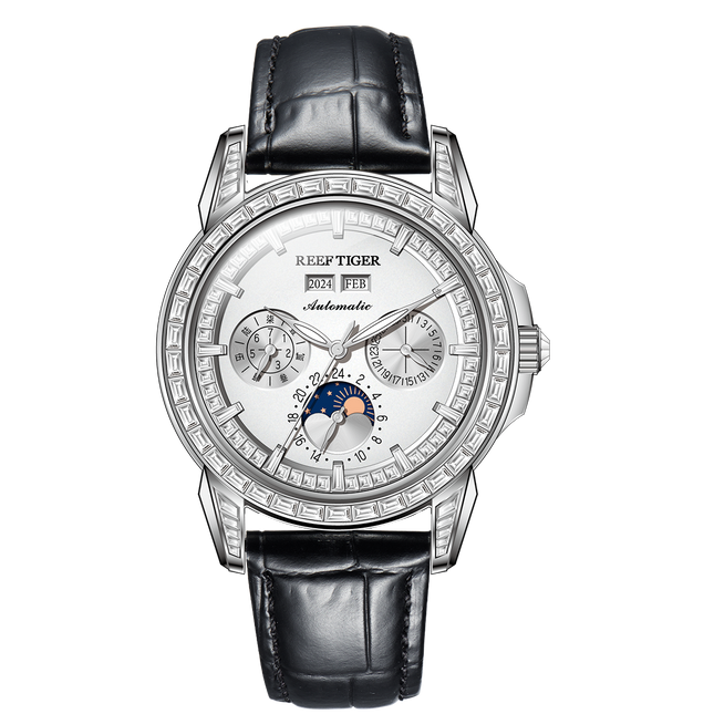 Reef Tiger Classic Philosopher Zirconia Bezel Multifunctional Mechanical Moon Phase Automatic Watch Silver RGA1988 image 0