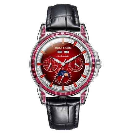 Reef Tiger Classic Philosopher Zirconia Bezel Multifunctional Mechanical Moon Phase Automatic Watch Burgandy RGA1988 image 0