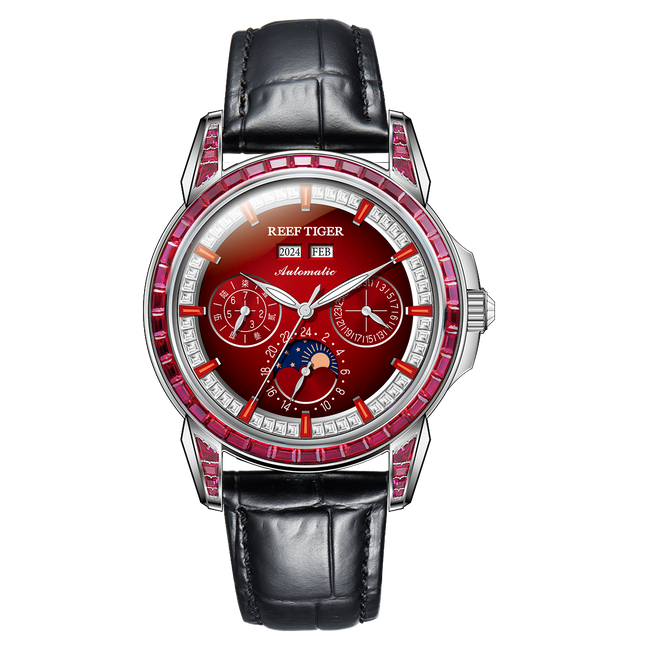 Reef Tiger Classic Philosopher Zirconia Bezel Multifunctional Mechanical Moon Phase Automatic Watch Burgandy RGA1988 image 0